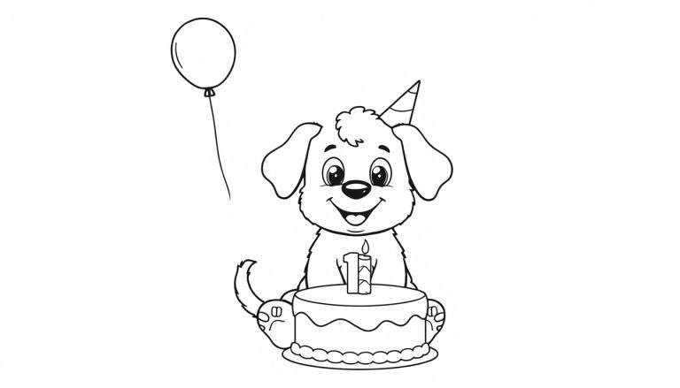 Placa de color de un cachorro feliz con un gorro de fiesta, globo y pastel de cumpleaños.