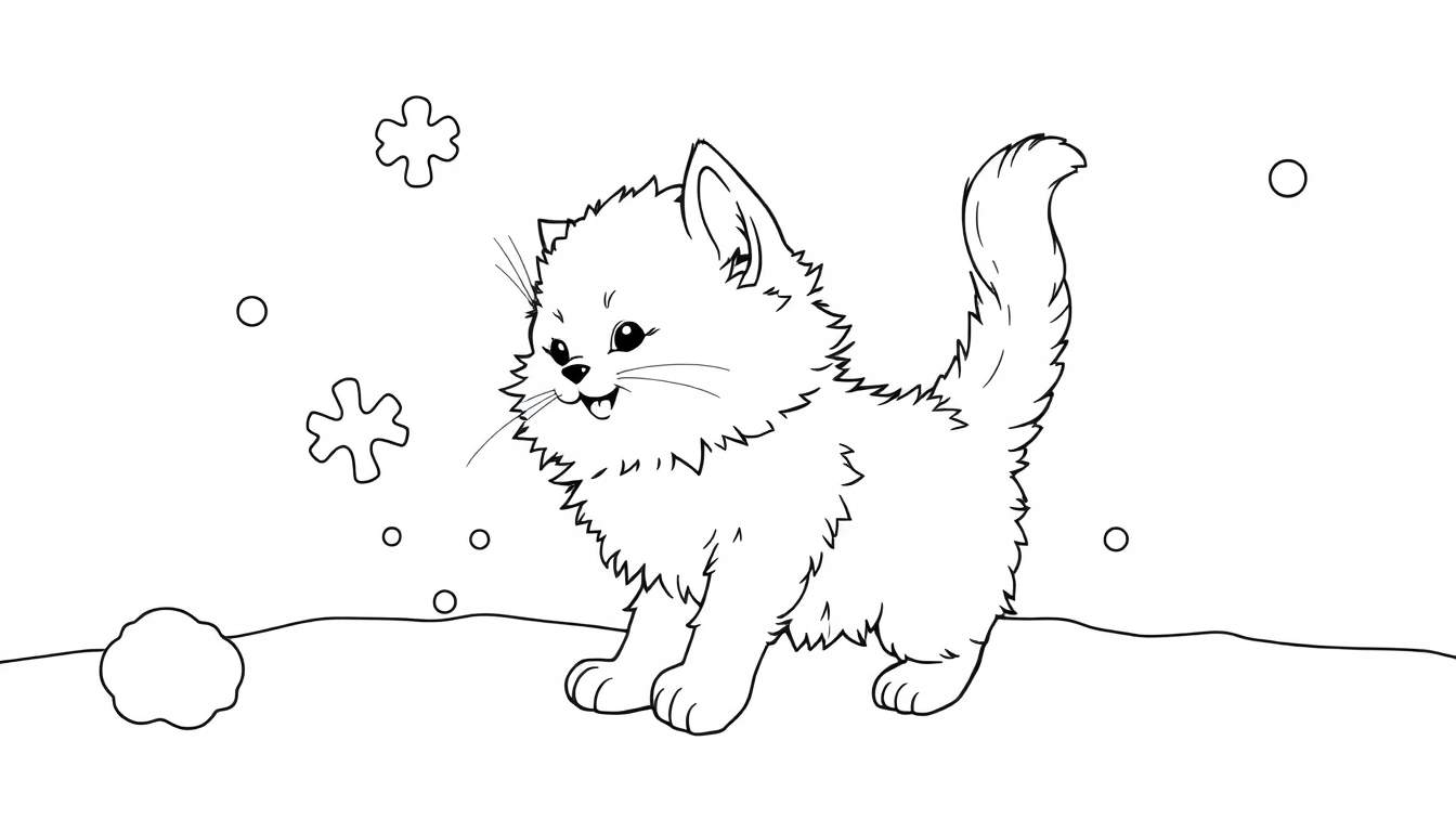 Placa de color de un gatito jugando en la nieve.