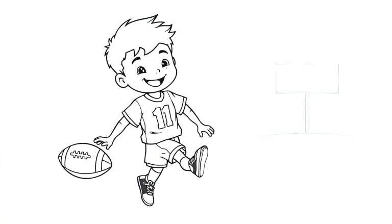 Placa de color con un niño sonriente jugando al fútbol.
