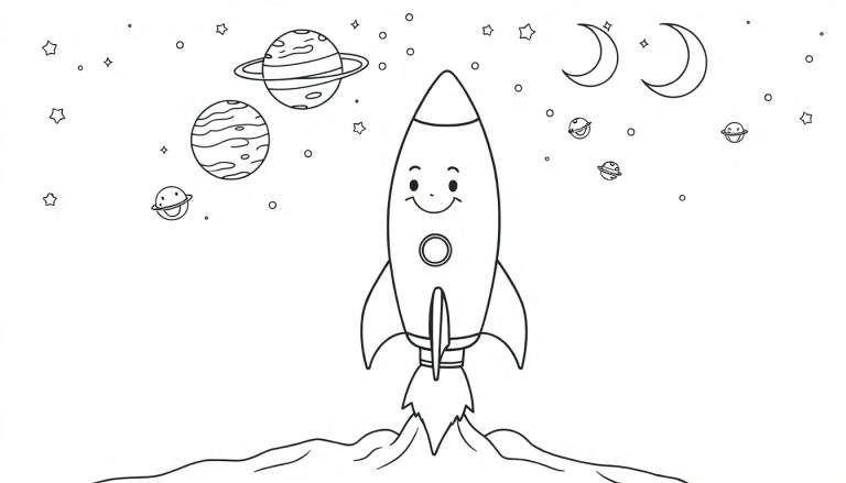 Placa de color de un cohete amigable despegando hacia el espacio con planetas y estrellas amigables.