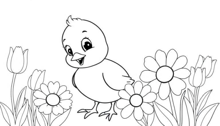 Placa de color de un pollito feliz en un campo de flores.