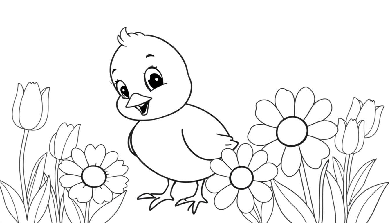 Placa de color de un pollito feliz en un campo de flores.