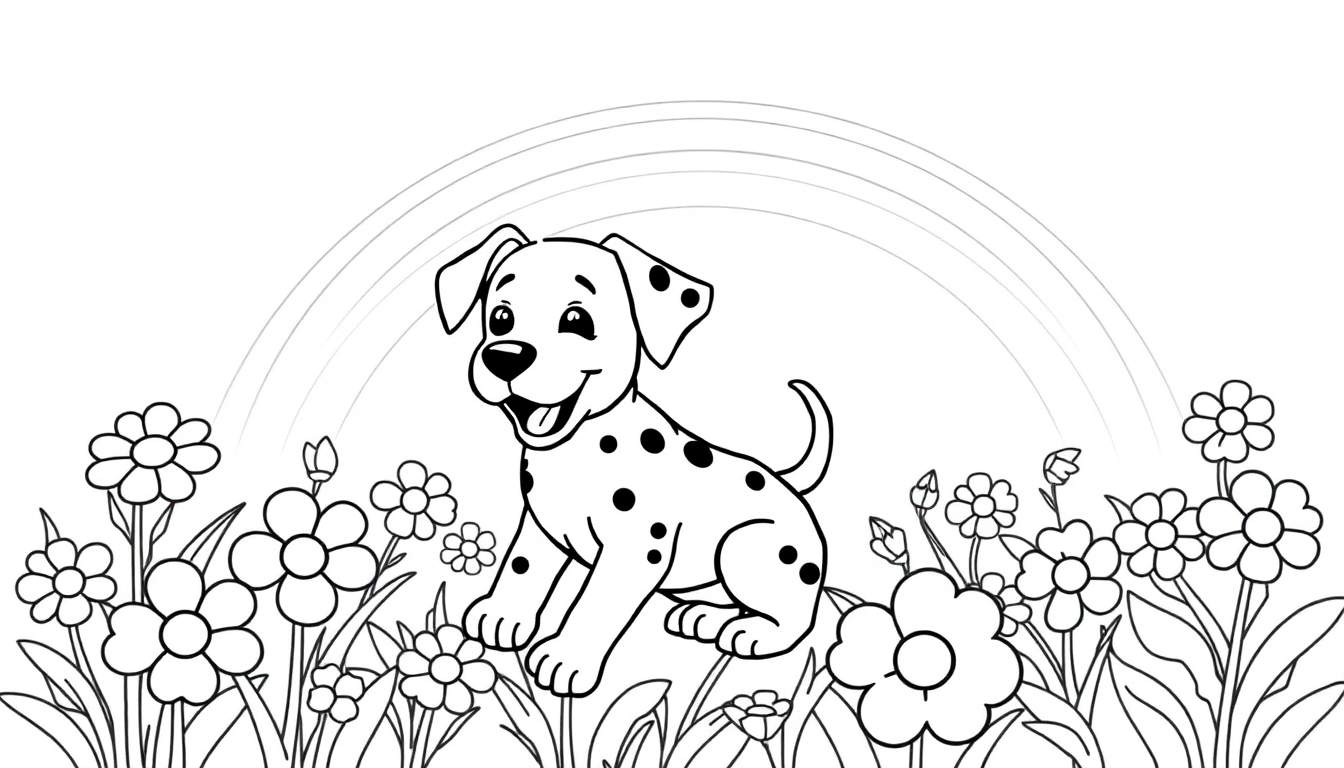 Un cachorro dálmata sonriente bajo un arcoíris incompleto rodeado de flores.
