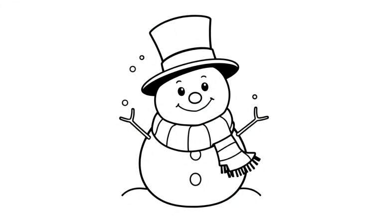 Un muñeco de nieve amigable en blanco y negro, listo para ser coloreado, con un sombrero de copa y una bufanda.