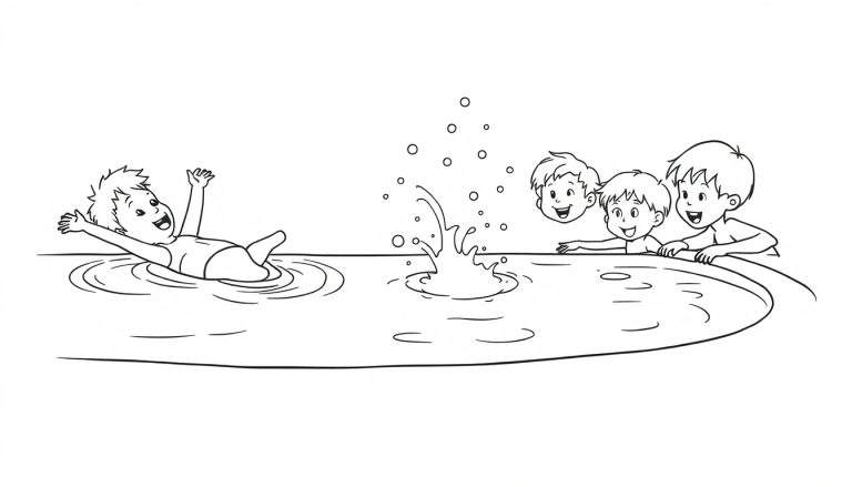Niños divirtiéndose en una piscina soleada, una placa de color lista para colorear.
