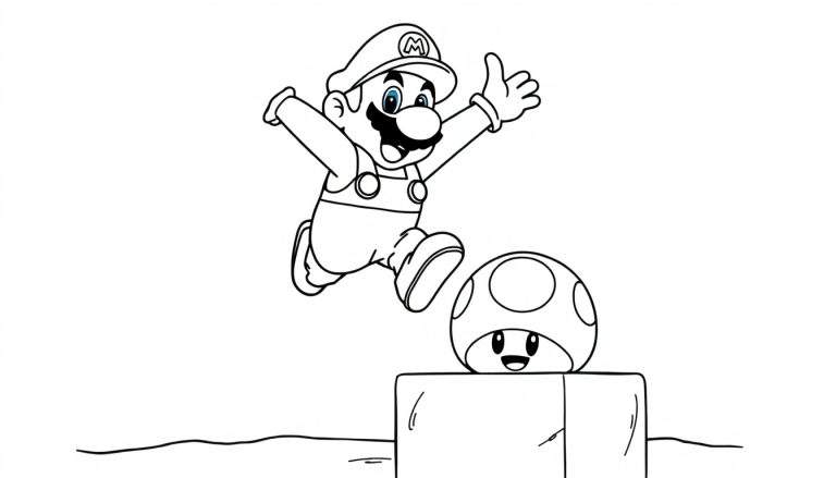 Placa de color de Mario saltando sobre un Goomba