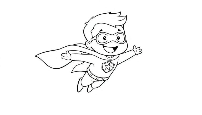 Niño superhéroe volando con antifaz y capa, listo para colorear en la placa de color.