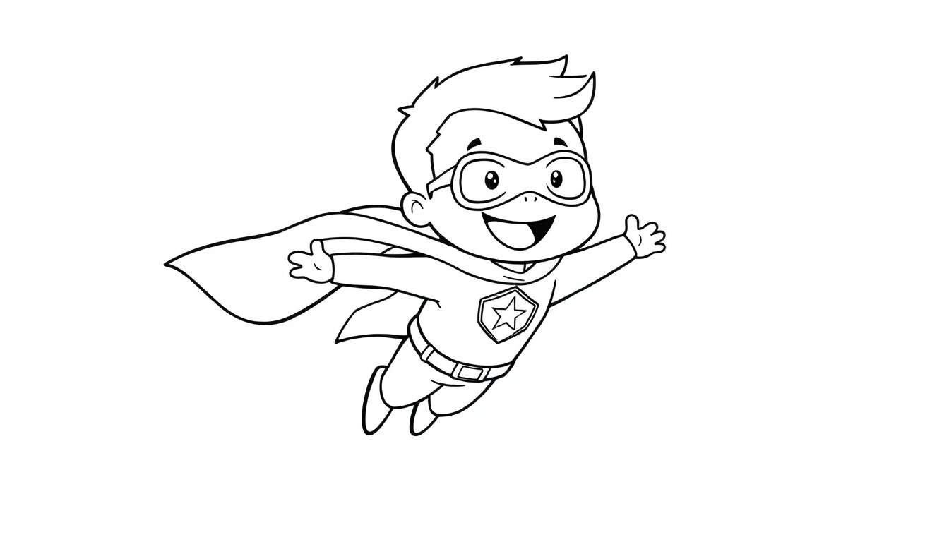 Niño superhéroe volando con antifaz y capa, listo para colorear en la placa de color.