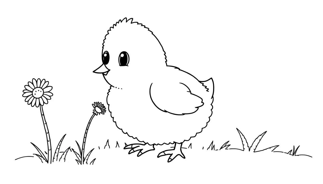 Un pollito juguetón en un campo de flores, listo para ser coloreado en una placa de color.