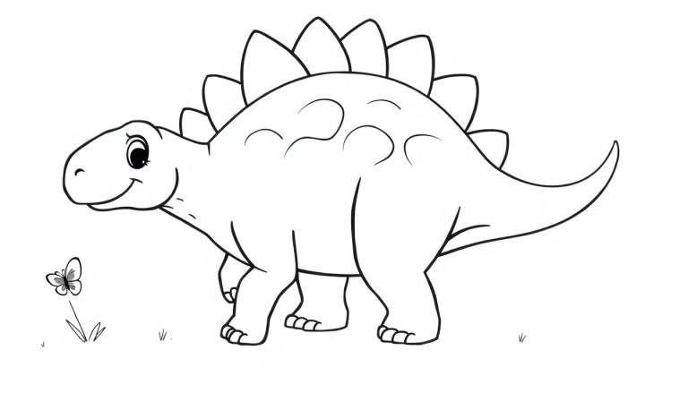 Estegosaurio de dibujos animados sonriente para colorear con una placa de color.