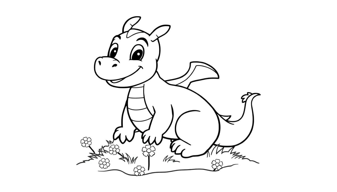 Placa de color de un dragón simpático con cuernos pequeños, ojos grandes y brillantes, una gran sonrisa, alas pequeñas y una cola larga, sentado entre flores y hierba.