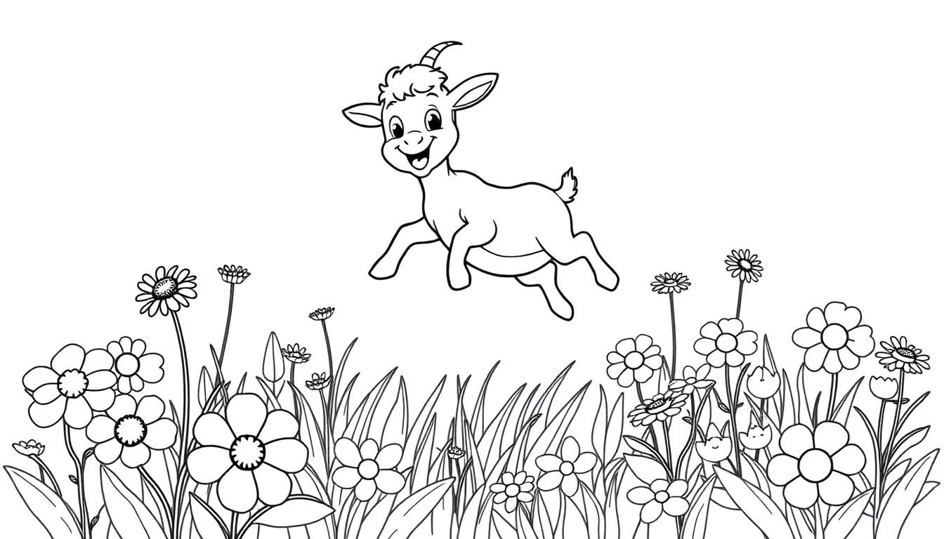 Una cabra de dibujos animados salta alegremente sobre un campo de flores para colorear.