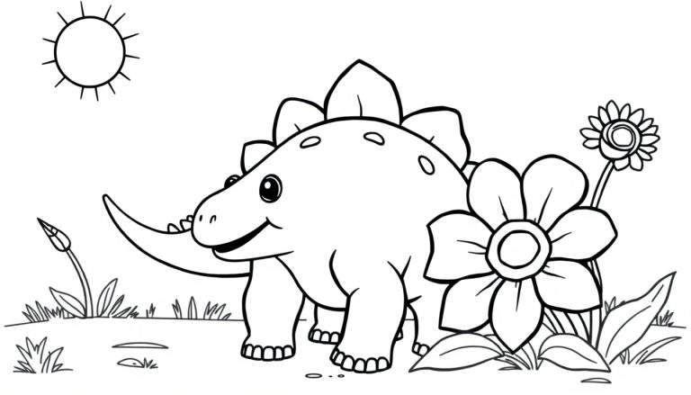 Placa de color de un estegosaurio lindo en un campo de flores.