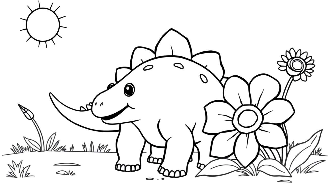 Placa de color de un estegosaurio lindo en un campo de flores.