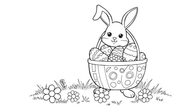 Placa de color: conejito de Pascua con canasta de huevos de Pascua.