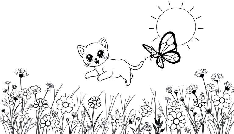Placa de color de un gato juguetón persiguiendo una mariposa entre flores bajo el sol.