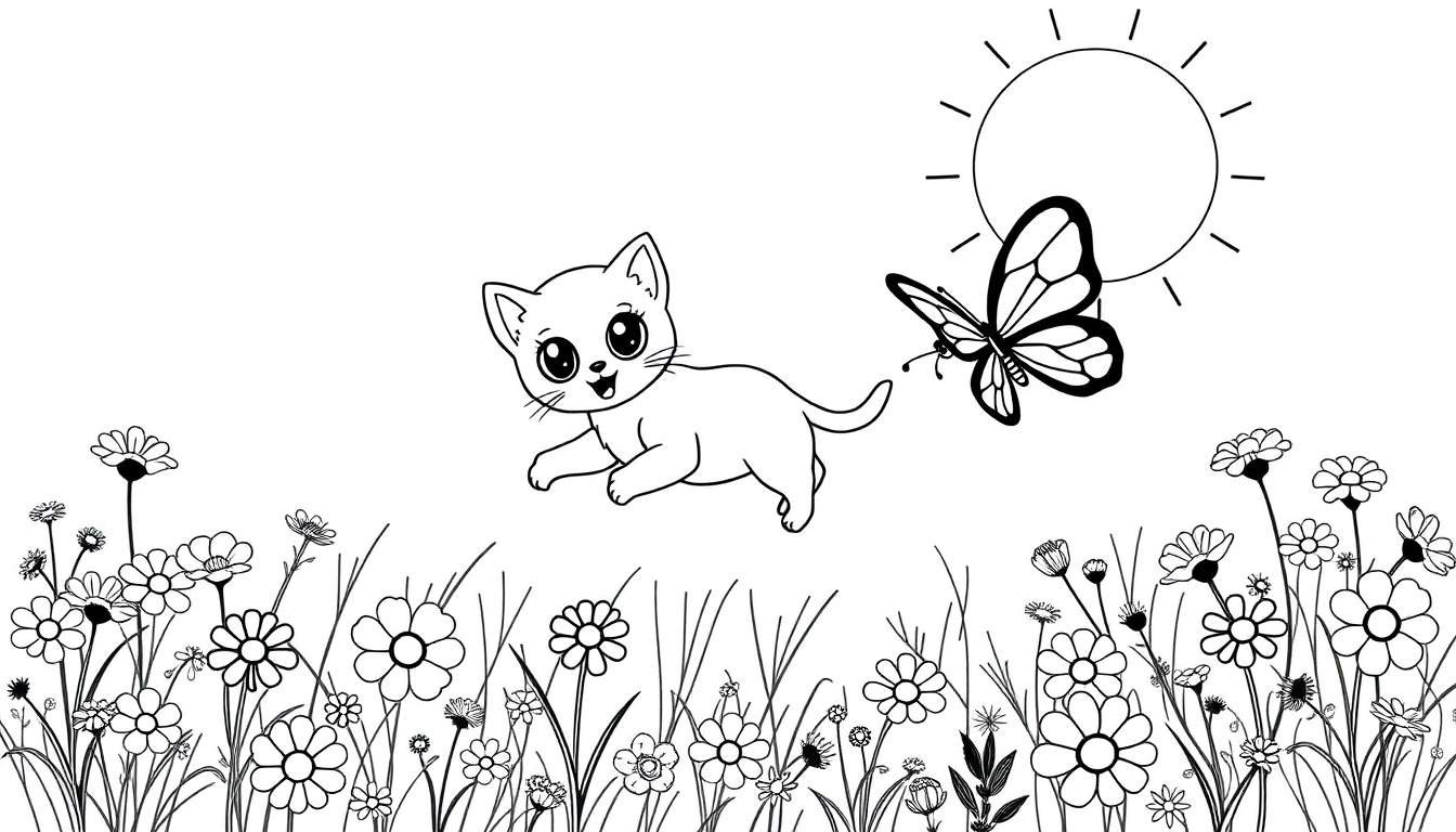 Placa de color de un gato juguetón persiguiendo una mariposa entre flores bajo el sol.