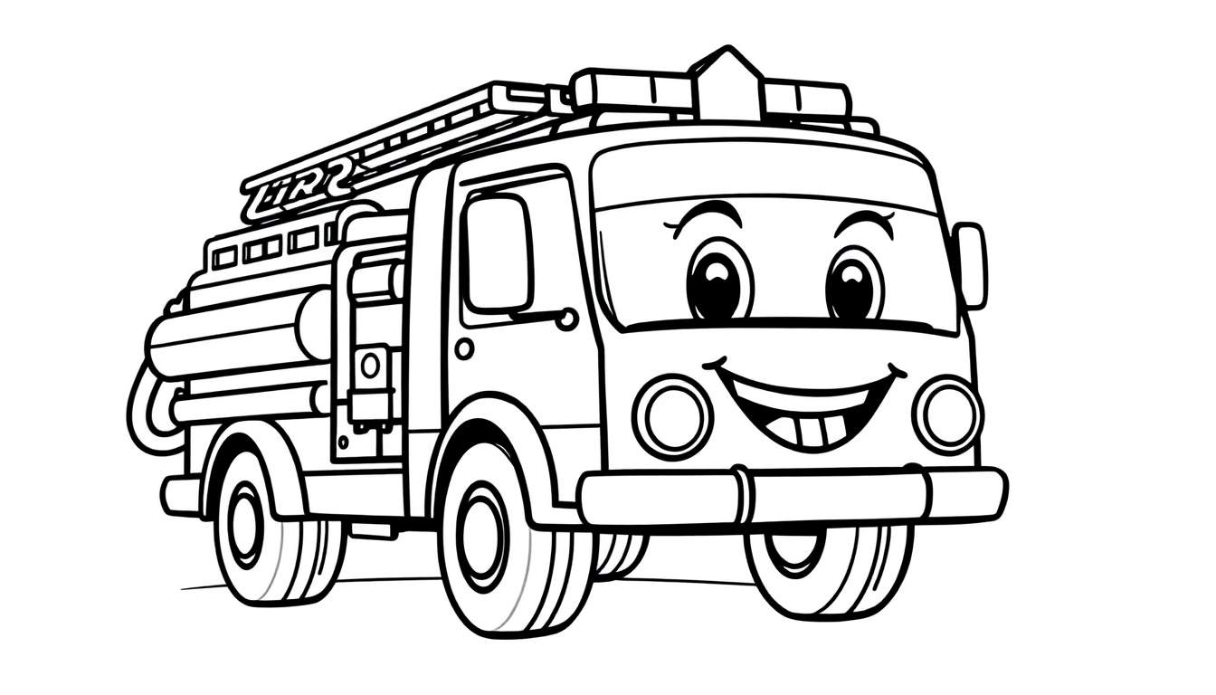 Un camión de bomberos amigable sonriendo, listo para ser coloreado, con una placa de color para guiar.