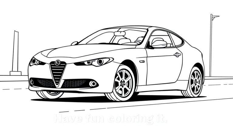 Un coche deportivo Alfa Romeo para colorear, con líneas limpias y la frase 'Que te diviertas coloreándolo'.