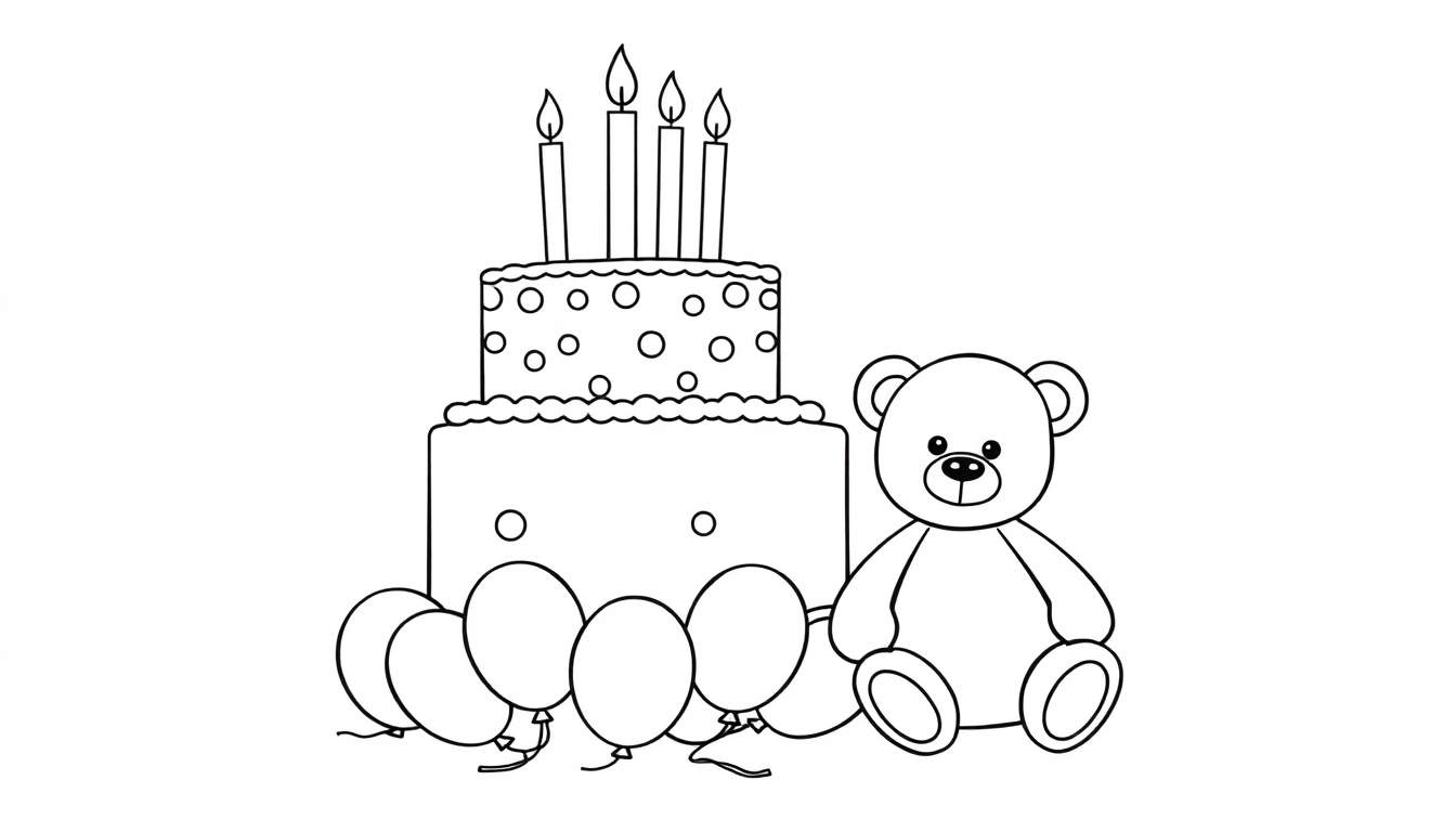 Placa de color de un pastel de cumpleaños para colorear con velas, globos y un osito.