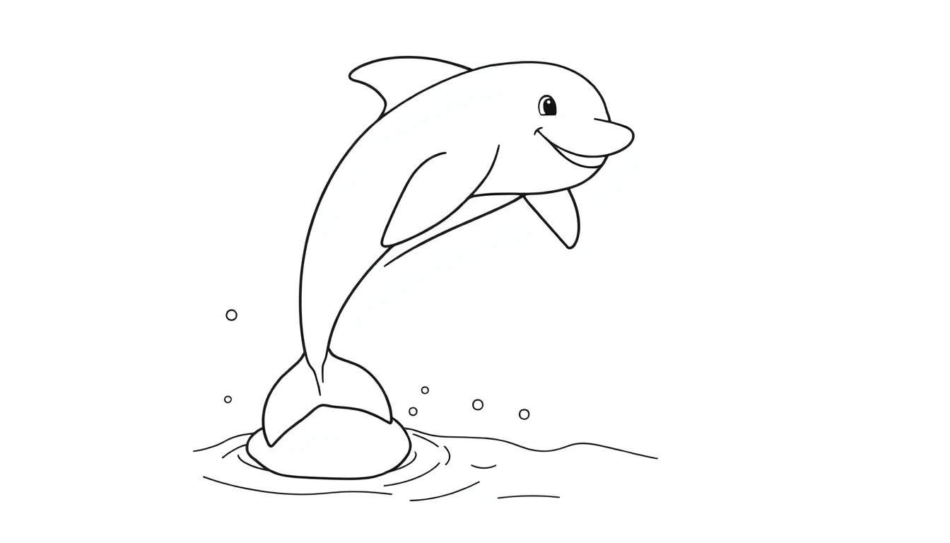 Una placa de color de un delfín de dibujos animados saltando fuera del agua.