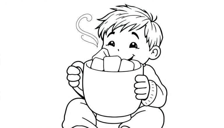 Placa de color de un niño sonriendo sosteniendo una taza de chocolate caliente con malvaviscos.