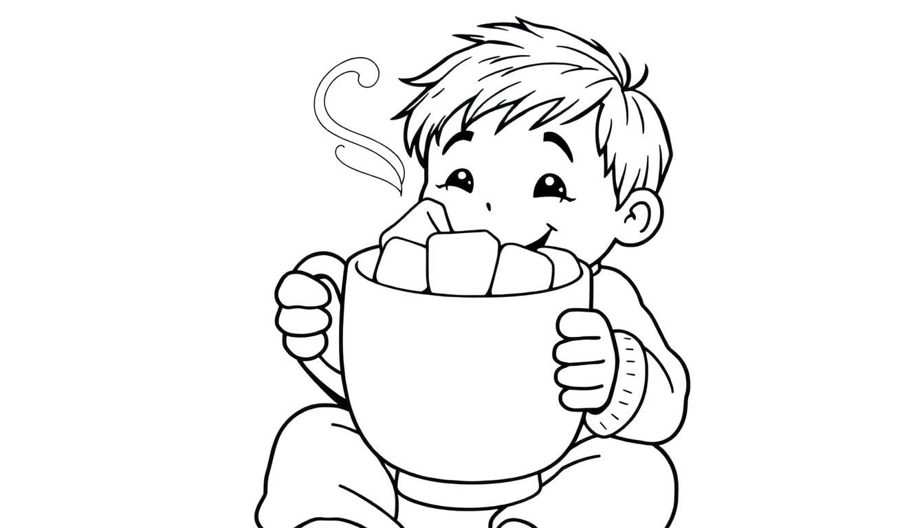 Placa de color de un niño sonriendo sosteniendo una taza de chocolate caliente con malvaviscos.