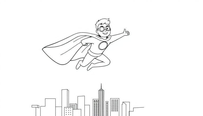 Placa de color: Joven superhéroe volando sobre una ciudad con el pulgar hacia arriba.