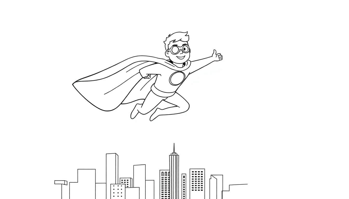 Placa de color: Joven superhéroe volando sobre una ciudad con el pulgar hacia arriba.
