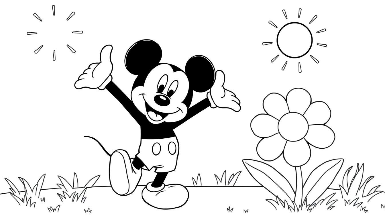 Placa de color de Mickey Mouse saludando felizmente con el sol y una flor.