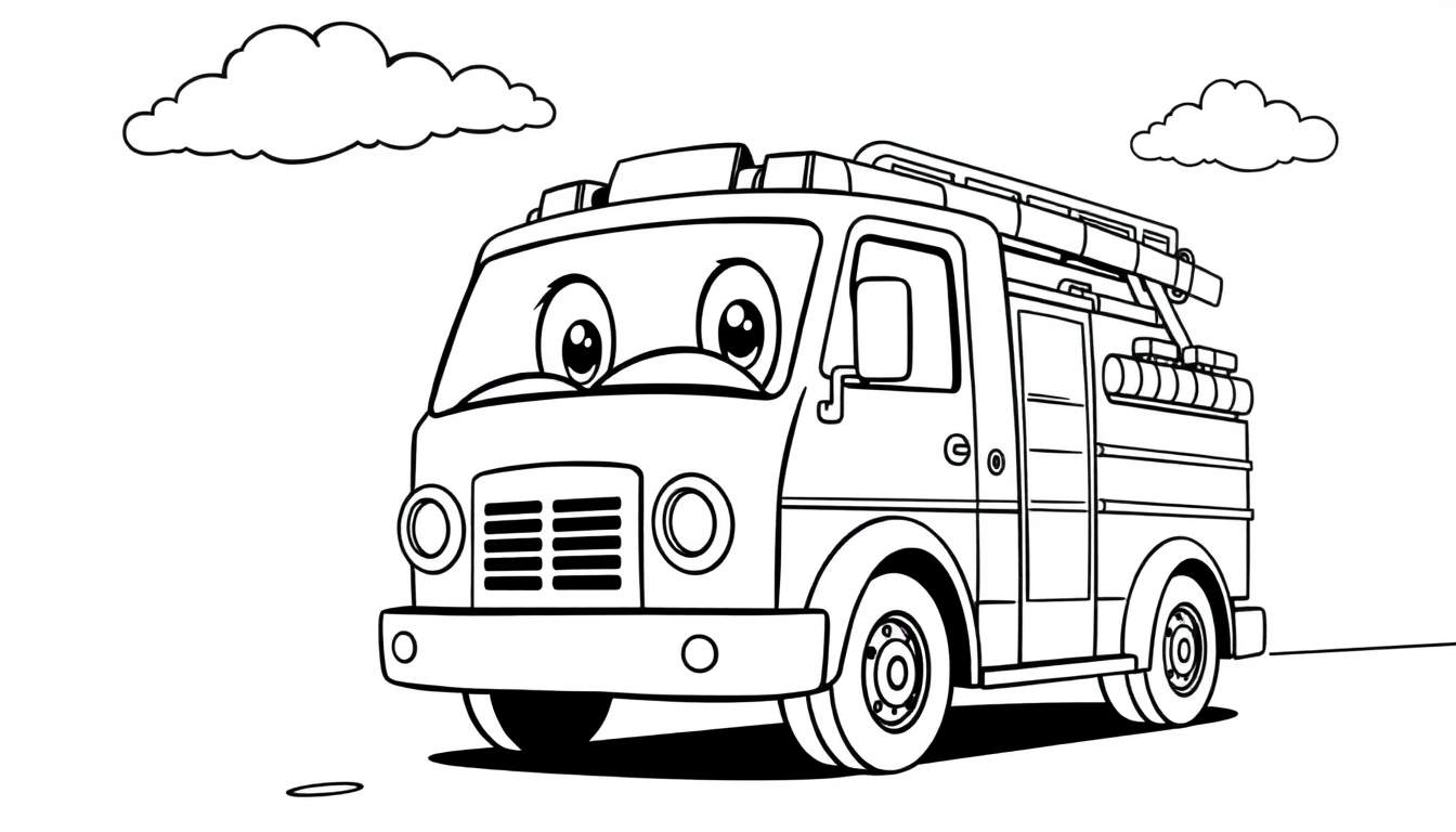 Camión de bomberos amigable para colorear, página para colorear en blanco y negro, listo para apagar fuegos, con un diseño encantador de placa de color.