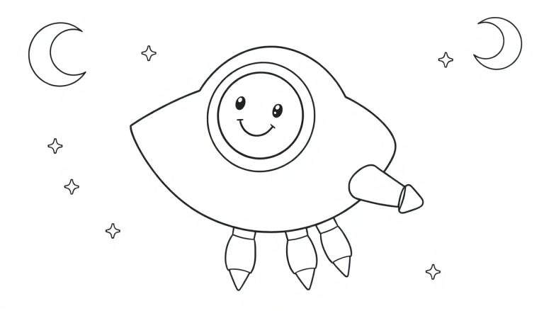 Placa de color de una nave espacial amigable con cara sonriente y estrellas.
