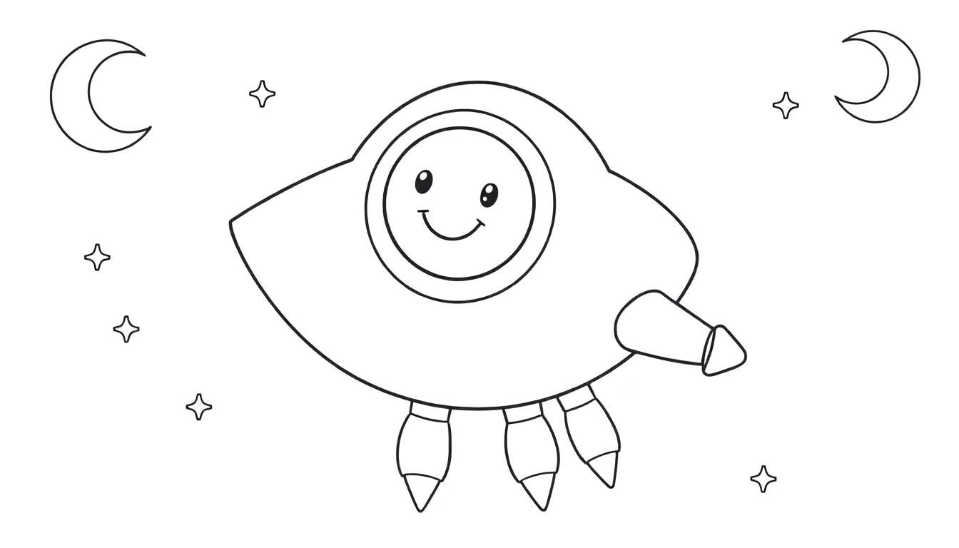 Placa de color de una nave espacial amigable con cara sonriente y estrellas.