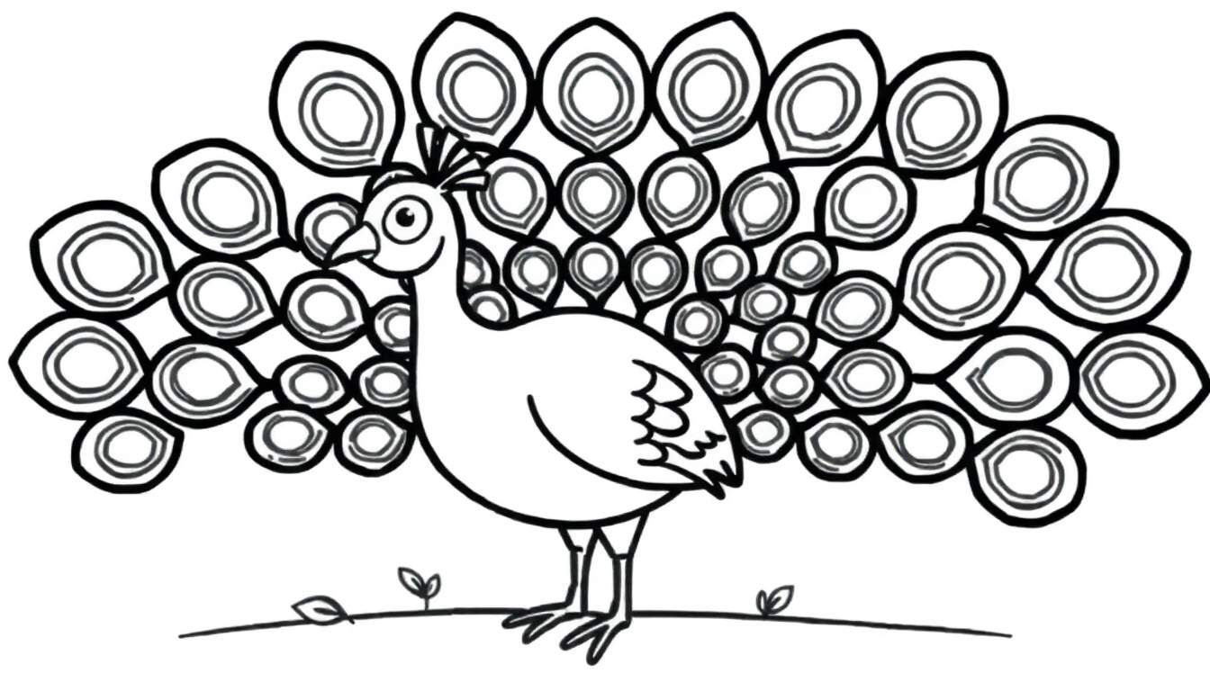 Placa de color de un pavo real de dibujos animados con la cola extendida.