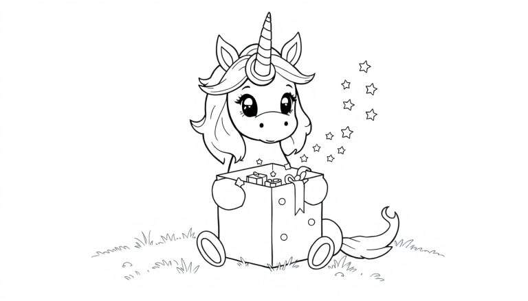 Placa de color de un lindo unicornio abriendo un regalo con estrellas saliendo de él.