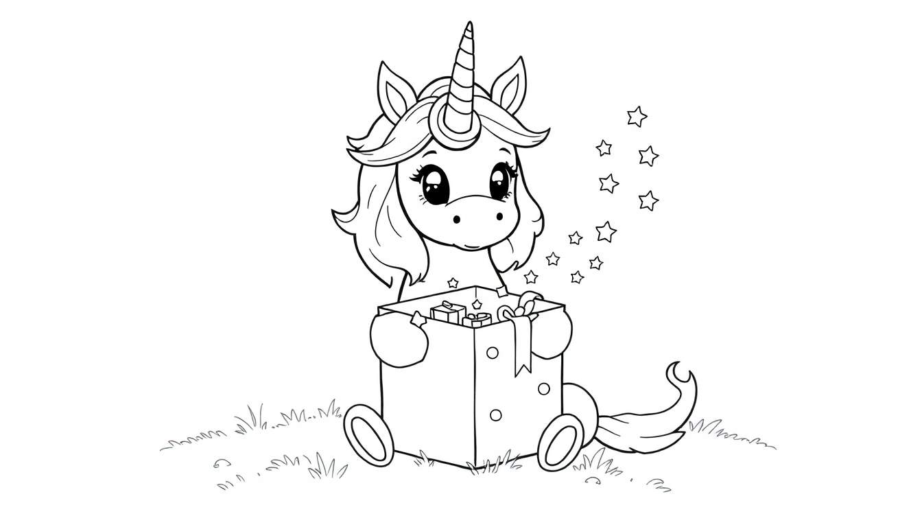 Placa de color de un lindo unicornio abriendo un regalo con estrellas saliendo de él.