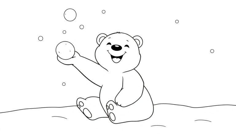 Placa de colorear de un oso polar sonriente jugando en la nieve con copos de nieve.