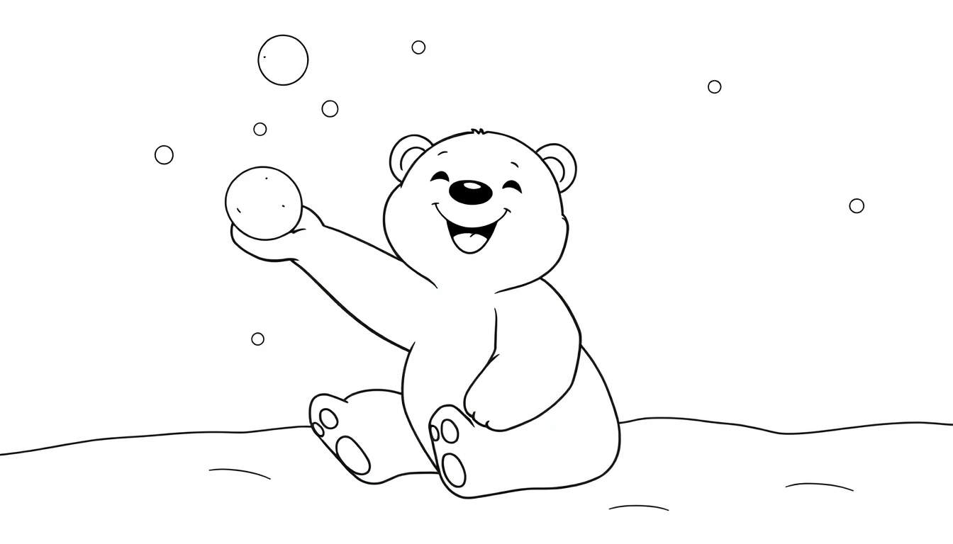 Placa de colorear de un oso polar sonriente jugando en la nieve con copos de nieve.