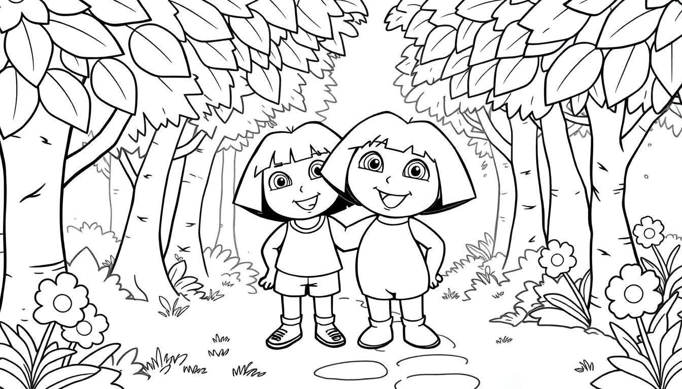 Dora la Exploradora y Botas en un bosque con senderos de piedra y flores.