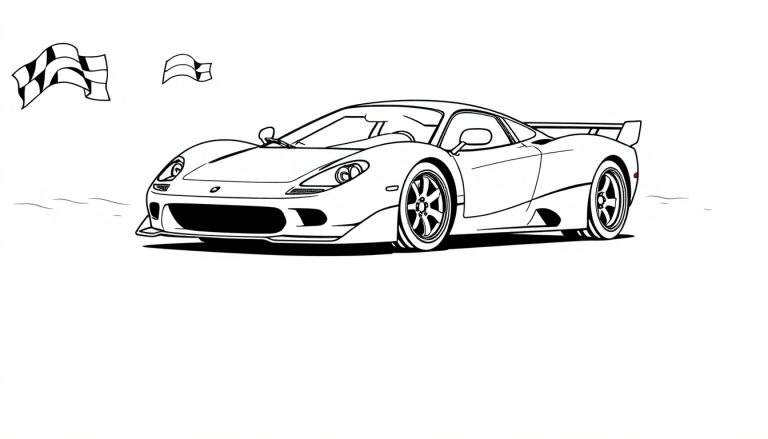 Un coche de carreras McLaren blanco y negro listo para colorear con una placa de color.