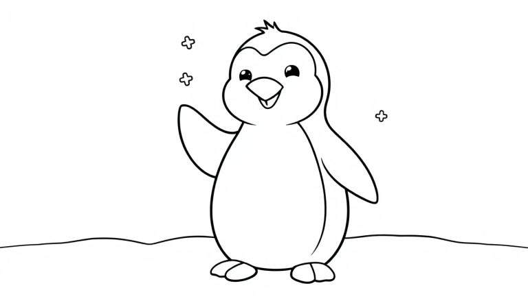 Una placa de color de un pingüino amigable saludando en la nieve.