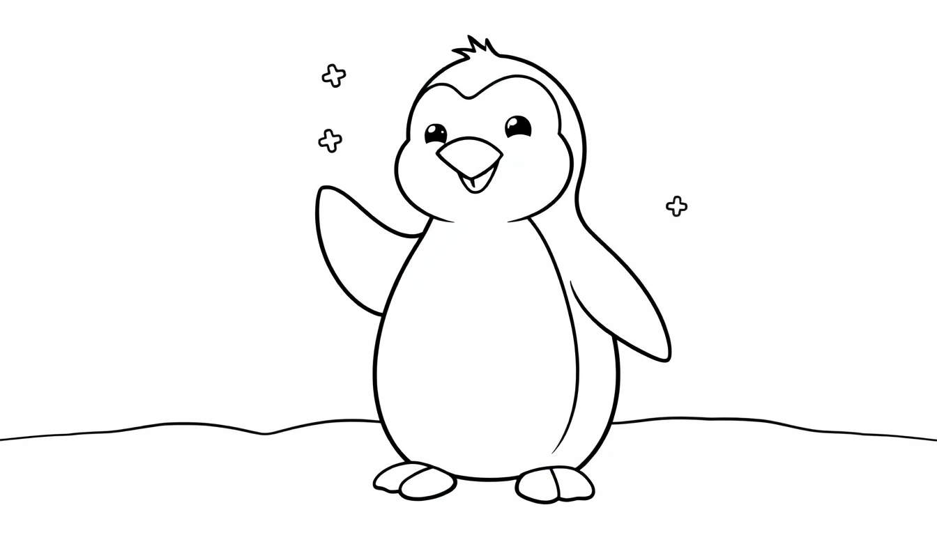 Una placa de color de un pingüino amigable saludando en la nieve.