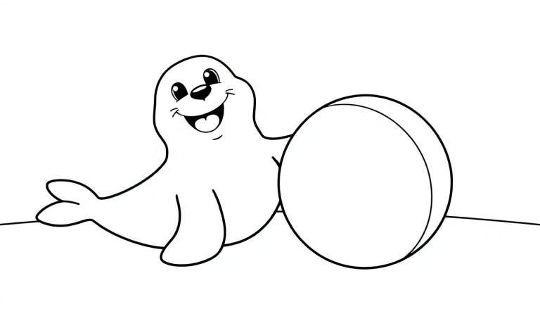 Una foca sonriente jugando con una pelota, lista para colorear con líneas claras en una placa de color.