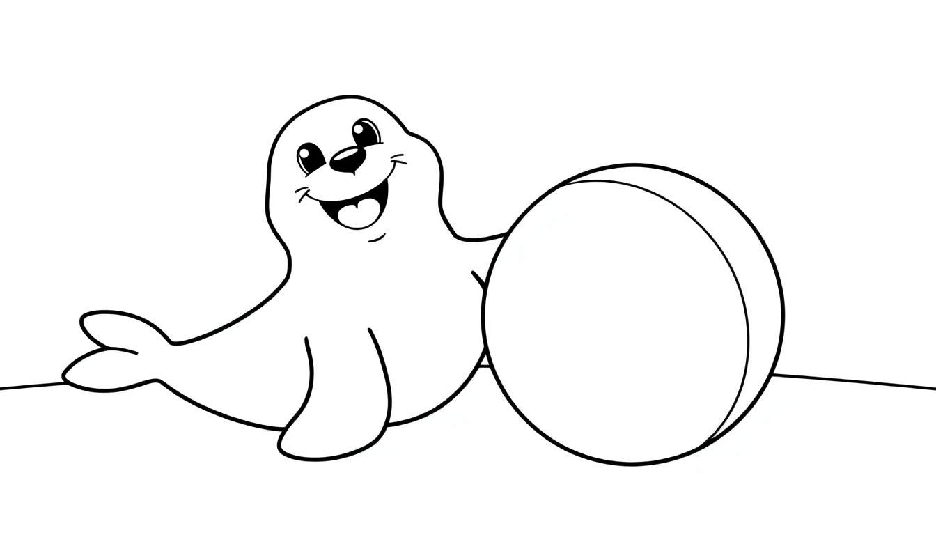 Una foca sonriente jugando con una pelota, lista para colorear con líneas claras en una placa de color.