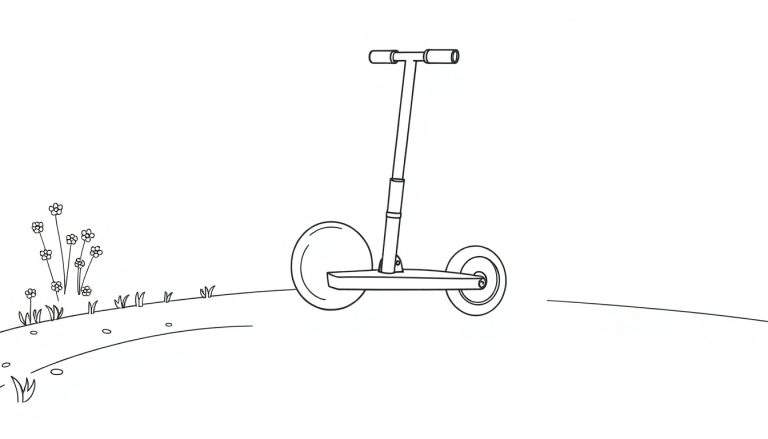 Un dibujo lineal en blanco y negro de un patinete con ruedas grandes en una colina con flores, listo para colorear.