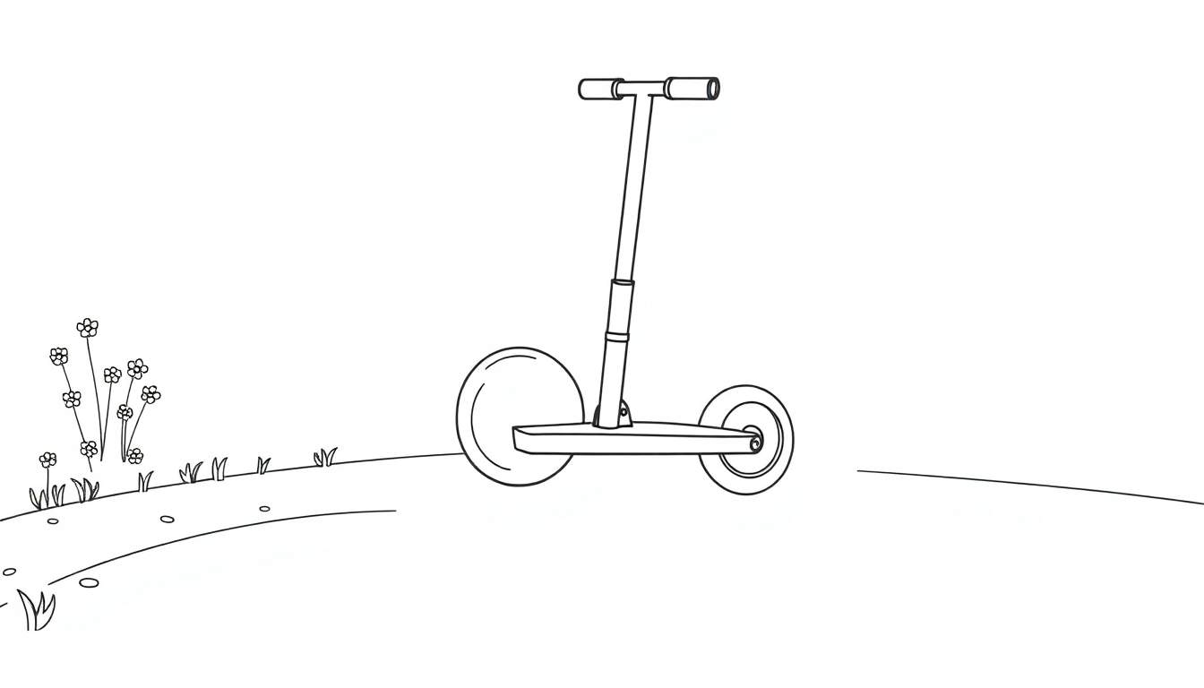 Un dibujo lineal en blanco y negro de un patinete con ruedas grandes en una colina con flores, listo para colorear.
