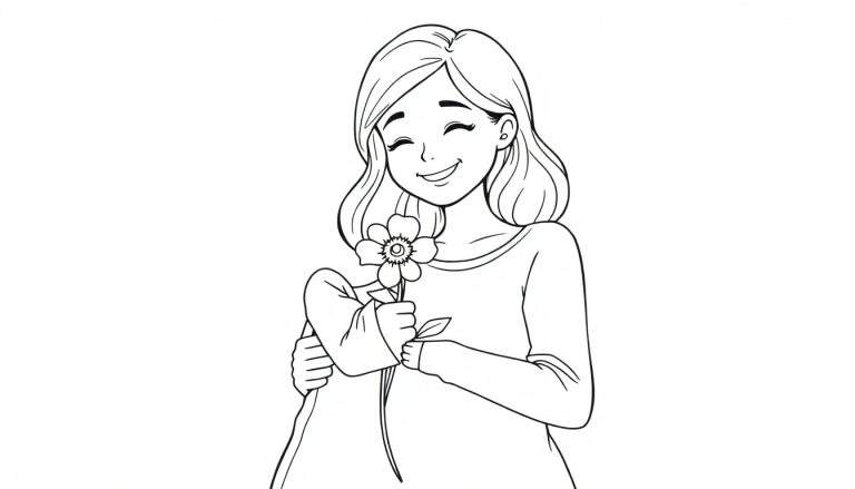 Placa de color en blanco y negro de una niña feliz regalando una flor a su mamá.