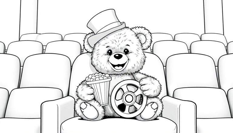 Placa de color de un oso de peluche con sombrero de copa en el cine.