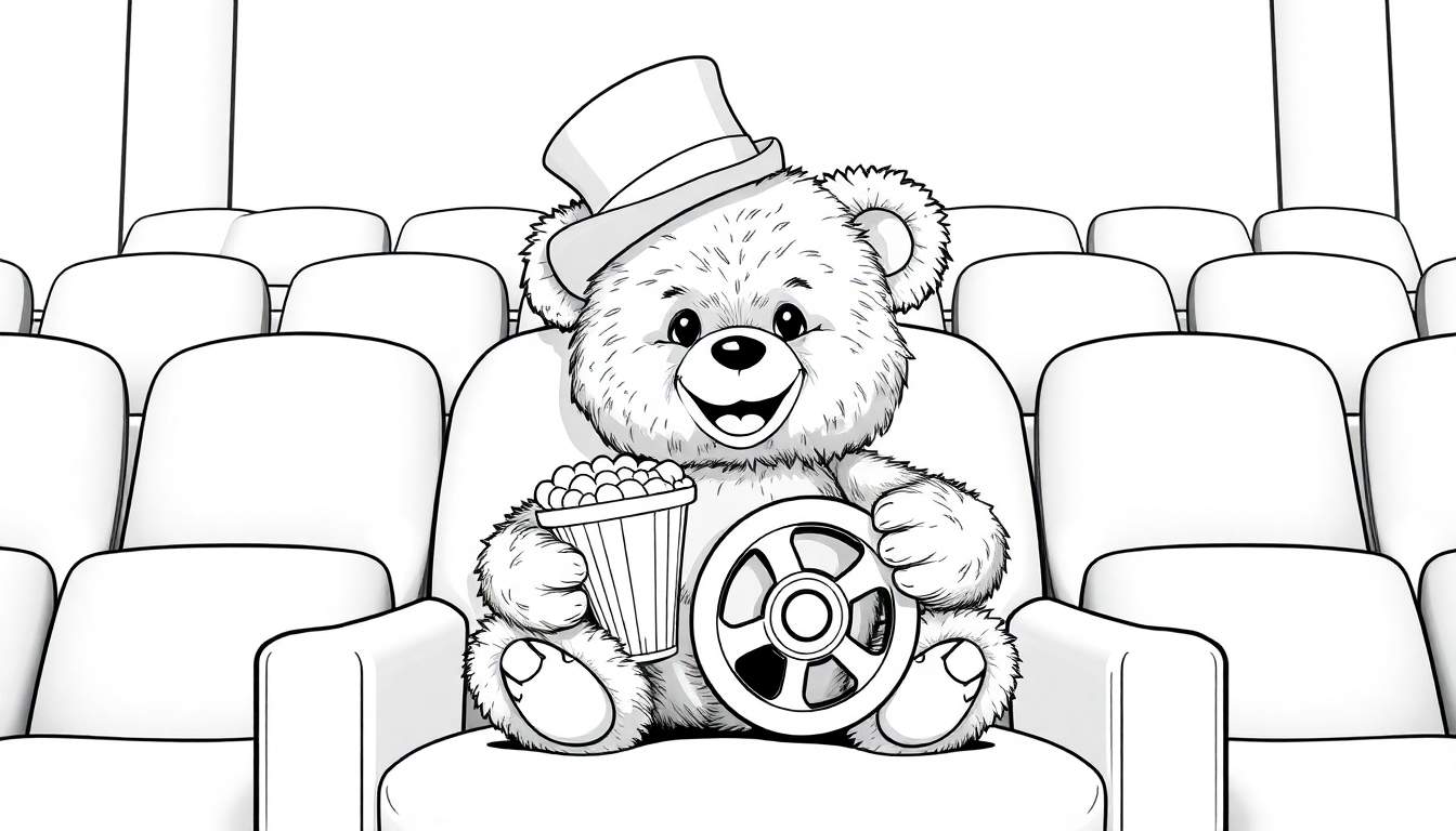 Placa de color de un oso de peluche con sombrero de copa en el cine.