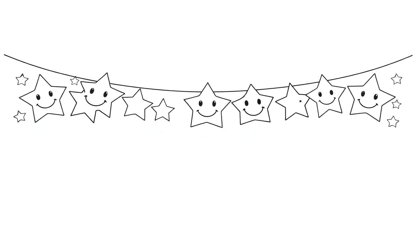 Una hilera de estrellas sonrientes y algunas estrellas pequeñas sin rostro suspendidas de una cuerda, en blanco y negro.